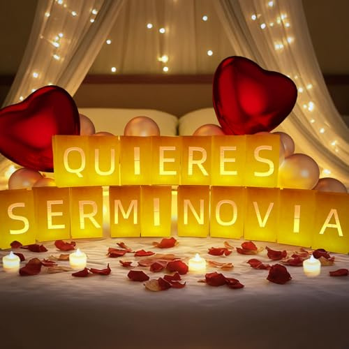 Quieres Ser Mi Novia Leuchtende Buchstaben, mit Teelichtern, Kerzen, Latexballons, Aluminiumballons und Rosenblättern, Jubiläums- und Valentinstagsdekorationen für Frauen