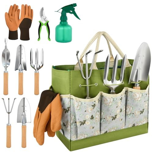 Adiwo Gartenwerkzeug Set, 9 Stück Garten Hand Werkzeuge mit Aufbewahrungstasche, Stabil Rost-Sicht Gartengeräte Set mit ergonomischem Griff, Ideale Gartengeschenke für Frauen und Männer