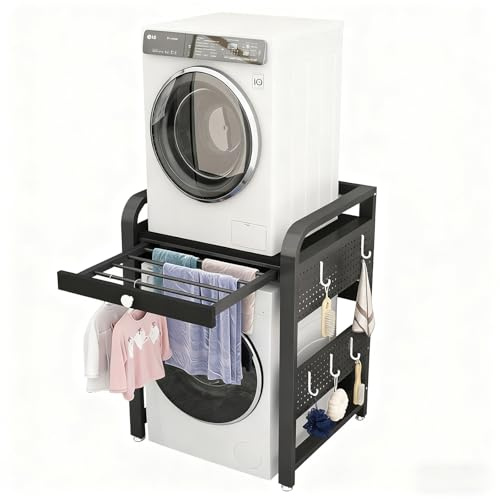 Schrank Waschmaschine Trocknerständer Regal über Waschmaschine Und Trockner übereinander mit Lochblech Und Ausziehbarem Kleiderbügel 200 Kg Tragkraft Geeignet Für Waschküchen Wohn BlackFrame+BlackTop