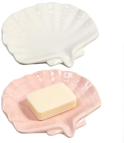 2 PCS Ceramic Soap Dish, Shell Shaped Soap Dish for Bathroom
