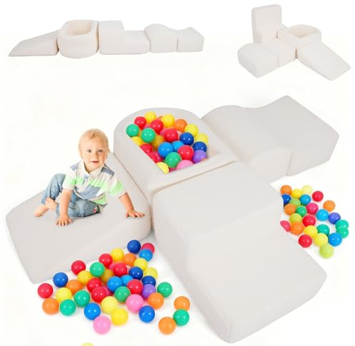 COSTWAY 5PCS Parcours Motricité Bébé en Mousse avec Piscine à Balles, Module Motricité Bébé avec Housse en Sherpa Lavable, Jouets Éducatifs pour Ramper Grimper pour 3 Ans+, sans Balles
