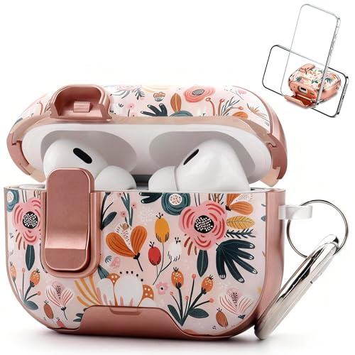 Pouchora Protective Case Compatible with AirPods Pro 1st / 2nd Generation AirPods Pro Case with Lock Cute Floral AirPods Pro 2 Case Pink Berry Flower Shell with Phone Stand Function & Carabiner