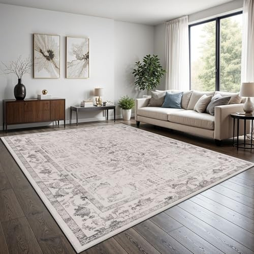 TT Home Boho Vintage Teppich Wohnzimmer Kurzflor - Retro Design, rutschfest & pflegeleicht, modern für Esszimmer & Flur Waschbar, Farbe:Grau 3, Größe:120x160 cm