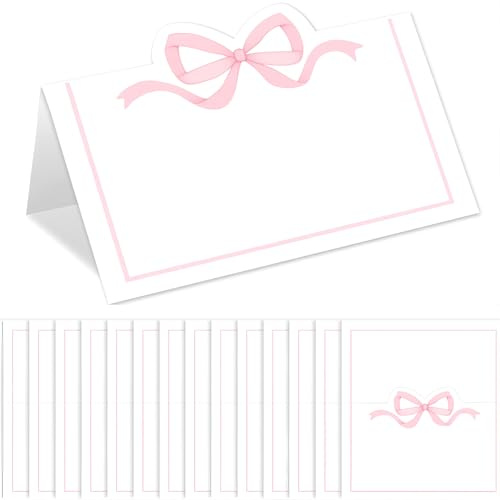 XdealCozyxc 50 Pcs Name Place Cards for Table Setting, Pink Bow Design Blank Wedding Table Numbers Card for Birthday Party Decorations