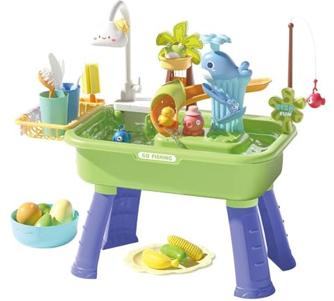 Gzadii Lavabo da gioco con acqua corrente e rubinetto a , set di giochi per attività e sensoriali, giocattolo estivo per la pesca per ragazze, bambini in età prescolare, giardino