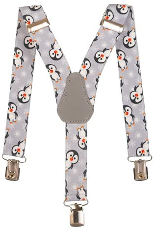 Olata Kinder Hosenträger mit Pinguin-Design | Elastische Y-Hosenträger (1-5 Jahre) – 2,5 cm. Grau