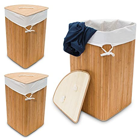 Relaxdays 2 x Eckwäschekorb Bambus, Faltbare Wäschebox 60 Liter, platzsparend, Wäschesack Baumwolle, 65 x 49,5 x 37 cm, Natur