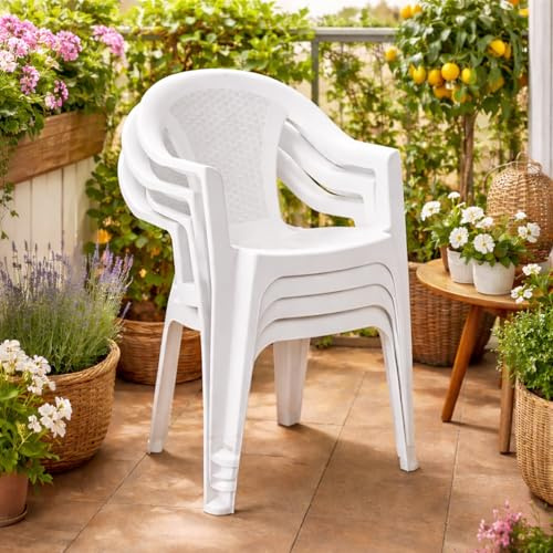 Mojawo 4 Stück Stapelstuhl Gartenstuhl Bistrostuhl Gartensessel stapelbar Rattan-Optik Balkonmöbel Gartenmöbel Weiß