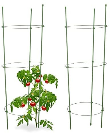 Relaxdays 14x Rankhilfe Tomaten im Set, Höhenverstellbare Ringe, Pflanzstäbe, Balkon, Beet, Kunststoff, 76 cm lang, Grün