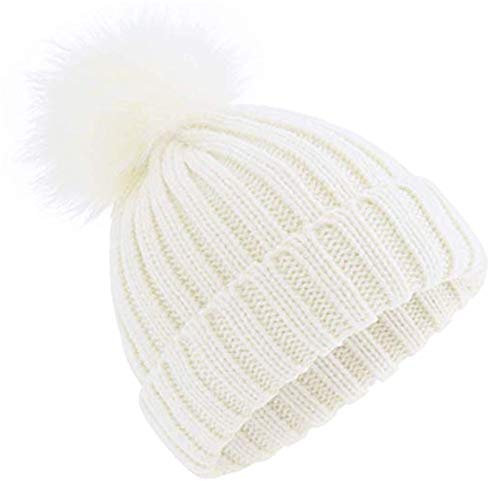 feifanshop Damen Echtfell Fuchspelz Fell Pelz Bommel Strick Mütze Winter-Mütze Bommelmütze (Weiß)
