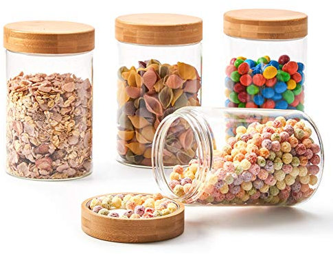 EZOWARE Set of 4 High Borosilicate Glass Storage Jars with Airtight Bamboo Screw-on Lid Set, 1360 ml Clear Kitchen Pantry Food Canister Container For Cereal, Pasta, Nuts, Spices, Flour, Coffee