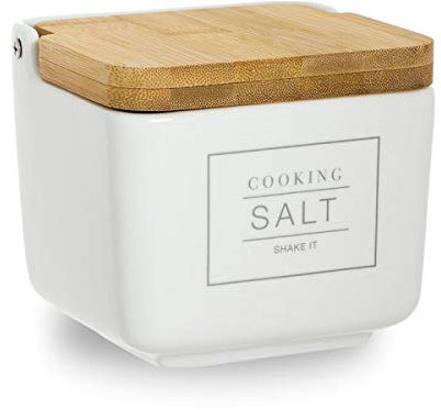 Home Gadgets Essential - Salero con tapa de bambú (cerámica, 12 cm), color blanco