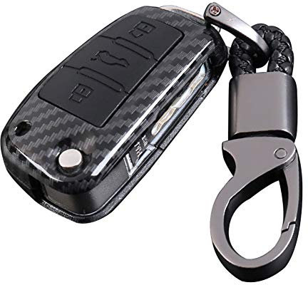 Happyit Coque en Fibre de Carbone ABS + Silicone Clé de Voiture Couverture Cas pour Audi Sline A3 A5 Q3 Q5 A6 C5 C6 A4 B6 B7 B8 TT 80 S6 3 Boutons Porte-clés (Noir)