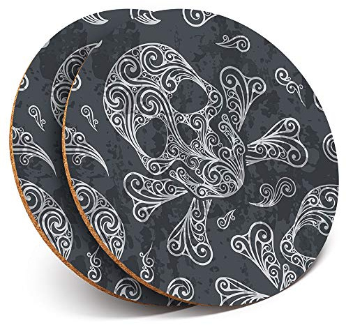2 x Round Coasters - Black Swirly Skull Skulls Goth - Cork Backed Home Kitchen Accessory Tea Coffee Mug Mat #8184