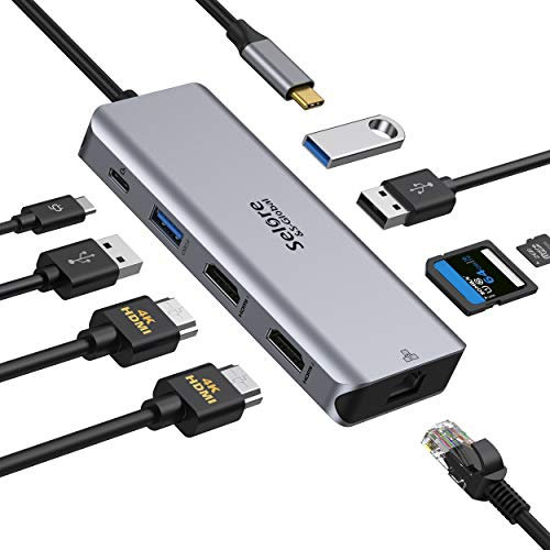 Concentrador 9 en 1, adaptador USB-C a HDMI doble, Ethernet Gigabit, potencia de salida de 100W, Puerto USB 3.0 y Lector de Tarjetas SD/TF, para MacBook, Huawei MateBook, Dell XPS, Tableta