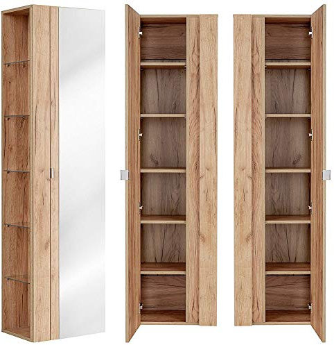 Lomadox Badezimmer Hochschrank mit Spiegel in Wotaneiche Nb. B/H/T ca. 45/170/33cm