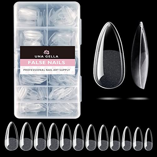 UNA GELLA Capsule Américaine Ongle Amande, 216 Pièces 12 Tailles Pointes à ongles en amande préformées pour une couverture complète des ongles acryliques pour l'art des ongles
