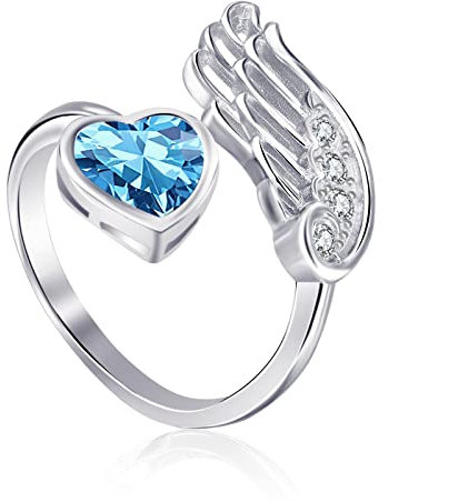 Qings Aquamarin März Geburtsstein Ringe Sterling Silber Damen Verstellbarer Birthstone Flügel Feder Hellblau Herz Zirkonia Verlobungsring Eheringe Geburtsstein Schmuck für Frau Freundin