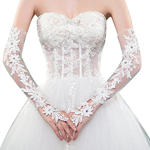 MoreChioce Lange Damen Spitzenhandschuhe, Fingerlose Hochzeithandschuhe Sommer Armstulpen Handschuhe Mesh Brauthandschuhe Spitze Handstulpen für Braut Abschlussball Oper Dinnerparty,Weiß#A