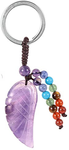 Nupuyai Amethyst Stein Engelsflügel Schlüsselanhänger Kristall mit 7 Chakra Heilsteine, Schutzengel Flügel Glücksbringer Edelstein Schlüsselring Glücksstein Amulett Taschenanhänger