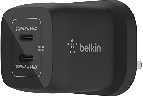 Belkin 45W Dual USB Type C Wall Charger, Fast Charging Power Delivery 3.0 with GaN Technology, USB C Charger for iPhone 17, iPhone Air, iPad Pro, MacBook, Samsung Galaxy S25, Pixel And More - Black