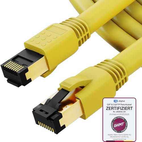 HB-DIGITAL Cable de red LAN CAT 8 de 5 m, AWG 24 S/FTP LSZH 40 Gbps 2000 MHz, certificado GHMT, cobre puro con conector RJ45 chapado en oro para conmutador, router, módem, PC, color amarillo