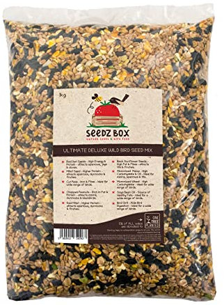 Bird Seed Food For Small Wild Garden Birds 1kg - Seedzbox Deluxe Grain & Nut Blend Mix - Natural Feed For Robins Blackbirds and Sparrows - Millet Peanut Fats and Fibres