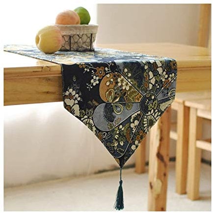EHOMERY Tischläufer Apelt, Deko Blau Tisch Fan Vintage Tischläufer Cotton and Linen 30x180CM