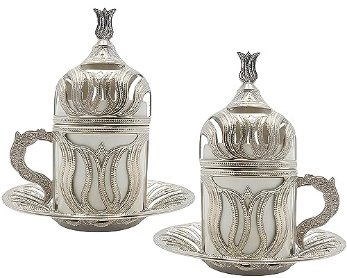 Kuchengerate 2pcs Turkish Greek Arabic Moroccan Coffee Cups - Espresso Cup with Inner Porcelain Metal Holder Plate and Lid - 2 Cups Consists of 8 Pcs (A-Silver)