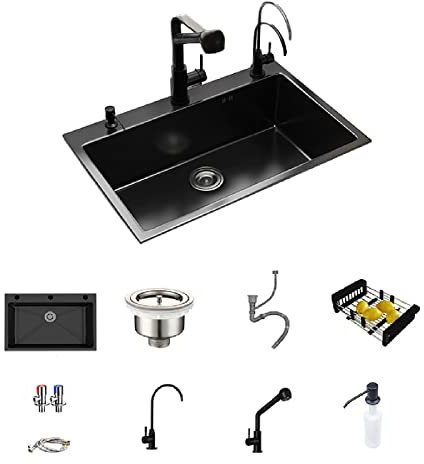 HGTRH Fregadero Negro PequeñO Cocina, Fregadero Bajo Encimera Negro 55x45, Fregadero Cocina un Seno 55x45cm De Acero Inoxidable, con 3 Agujeros De Montaje y Accesorios De Drenaje, Recubrimiento Nano