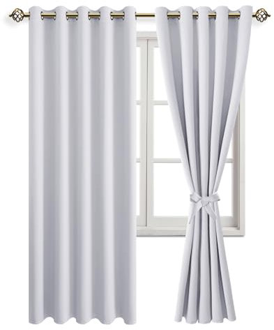 JIUZHEN Blickdicht Vorhänge Verdunkelungsvorhang mit Vorhang-Krawatten Gardinen Ösenvorhang für Schlafzimmer Wohnzimmer, Grau Weiß, 2 Stück, 228x167cm(HxB)