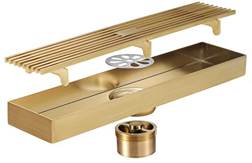 SWHC Duschrinne 30cm, 304 Edelstahl Bodenablauf Dusche Herausnehmbar Duschablauf Duschrinne Extra Flach Anti Geruch Abfluss Dusche Großer Hubraum Abflusssieb,Brushed Gold