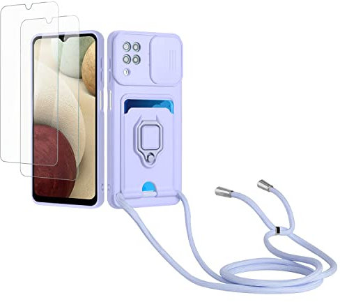 Kaslly Case für Samsung Galaxy A12/M12/F12 Handykette Hülle+[2 Schutzfolie Glas],Slide kameraschutz,Silikon Handyhülle zum Umhängen Kette,Kartenfach-Violett