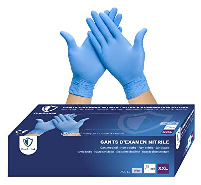 OneProtek Gants jetables en nitrile - Boîte de 100 gants jetables non poudrés - Taille XXL (Très Très Grande) - Bleu - Sans latex - Résistants et Protection contre les produits chimiques