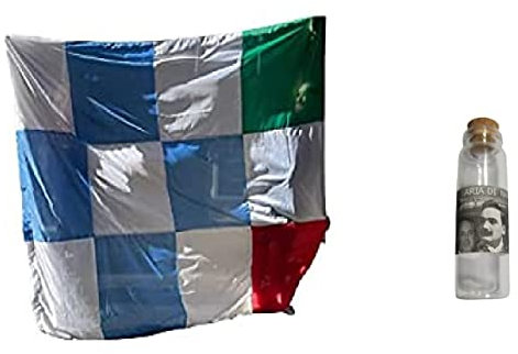 BLUSUPERSHOP 1 BANDIERONE 260X210 cm CIRCA SCACCHI BIANCO AZZURRI E TRICOLORE + BOTTIGLIETTA 20 ML VETRO ARIA DI NAPOLI PER FESTA SCUDETTO