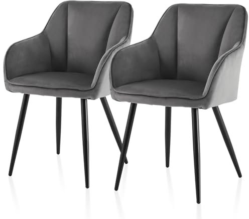 TUKAILAI Esszimmerstühle Set aus Samt,Küchenstuhl Polsterstuhl Armlehnstuhl mit Armlehnen,Rückenlehnen,weiche Sitzpolster,Metallbeinen,Modern Sessel für Küche Esszimmer Wohnzimmer (Samt×2, Grau)