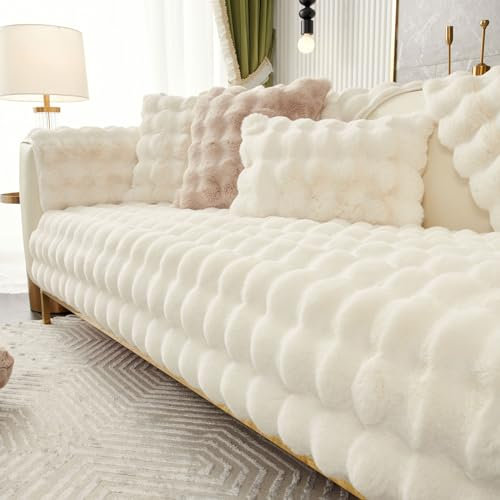 Weiche Plüsch Sofabezug Waschbar - Neue Rutschfeste Sofa überzug 1 2 3 4 Sitzer Couch überzug für Sektionssofa, Flauschiger Kunstpelz Sofa Sitzkissenbezug L Form Möbelschutz (Beige 70x70cm)