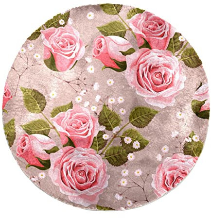 Vintage-Teppich mit rosa Rosen-Muster, personalisierbar, weich, rund, Kunstfell, runder Shaggy-Teppich
