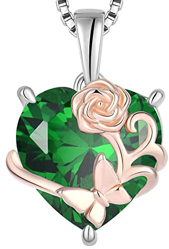 YL Collier Rosé Cœur Argent 925 taillé Mai Pierres de Naissance Emeraude Papillon Pendentif pour Femme