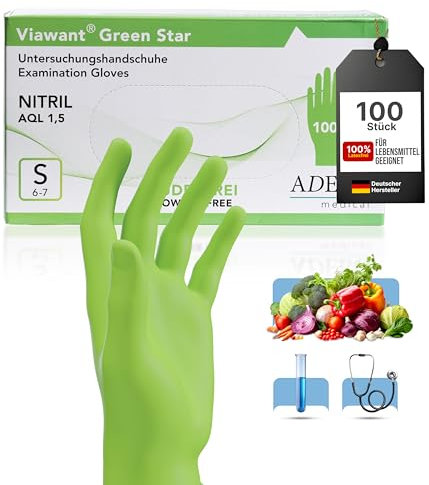 Einweghandschuhe 100 Stück | S | Nitrilhandschuhe Grün | Puderfreie, latexfreie Einmalhandschuhe | Reißfest & feinfühlig | EN 455 & EN 374 | Gr. S, M, L