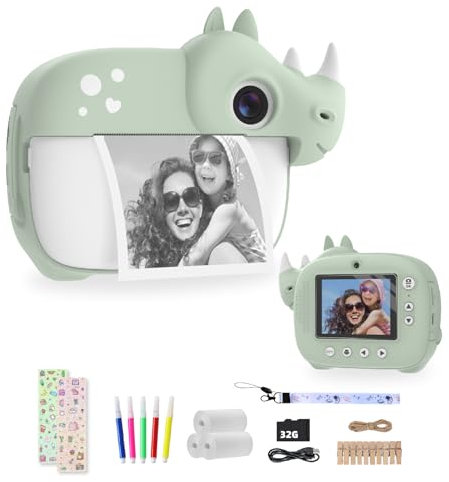 CAMCLID Kinderkamera, Sofortbildkamera Kinder 1080P mit 3 Rollen Druckpapier & 32G Karte, Dual-Objektiv Kinder Kamera Selfie Digitalkamera Kinder Geschenk für 3-12 Jahre Mädchen Jungen (Grün)