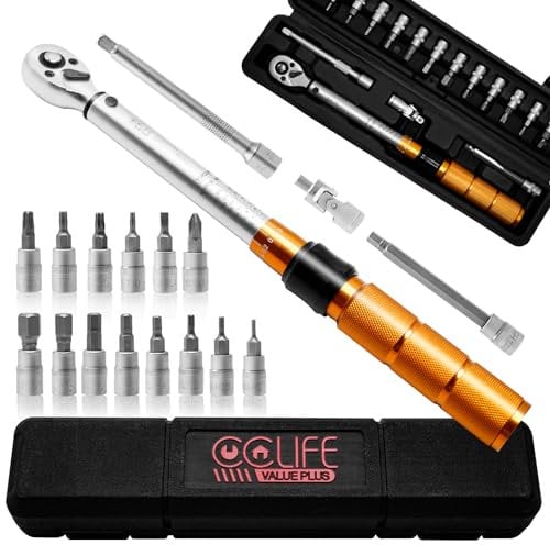 CCLIFE Clé Dynamométrique 1/4'', 1-25 Nm 19pcs Kit D'entretien pour Vélo y Moto avec Extension de 100mm, Cardan Universel, D'extension