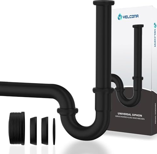 Yelcona Universal Siphon für Waschbecken & Waschtisch - Abflussgarnitur passgenau - Geruchsverschluss inkl. Gummimanschette + Röhrensiphon Ablaufgarnitur (Extra Lang 200mm Schwarz)