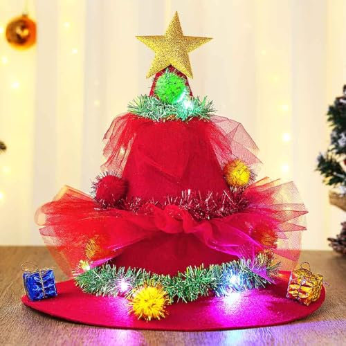 Vatocu Led Weihnachtsbaum Hut Tannenbaum Hut mit Stern Leuchtende Weihnacht Haarschmuck Weihnachtsbaum Hut für Weihnachten und Weihnachtsfeier(Rot)