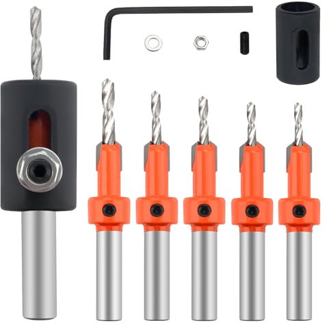 YIXISI 5 Piezas 10mm Brocas Avellanadas para Carpintería, Brocas Cónicas, HSS Countersunk Broca Set, Broca Carpintería Herramienta, con Anillo Posicionador y Llave Hexagonal