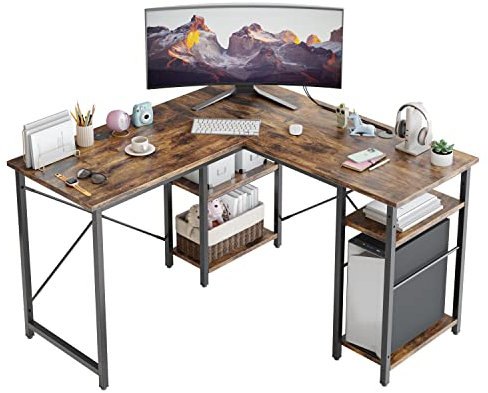 Bestier L-förmiger Schreibtisch mit Reversibler Anordnung, Eckschreibtisch 120CM mit Großer Stauraum, Gaming Schreibtisch L Form, Computertisch mit 2 Kabellöchern, Holzfarbe
