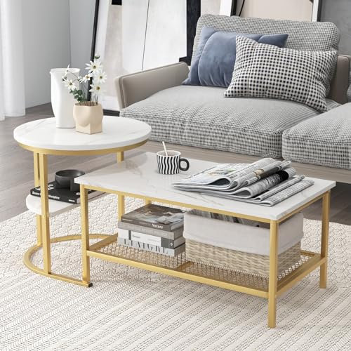 Multigot Nesting Coffee Table Set of 2, Faux Marble Cocktail Center Table and Round End Table with Storage Shelf & Adjustable Foot Pads, Metal Frame Accent Sofa Side Table (Gold + White)