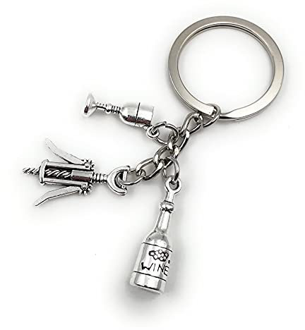 Onwomania Glass Wine Bottle Corkscrew Keyring Metal Lucky Charm in Aluminium Gift Box, Ideal for Gifting, silver, One Size