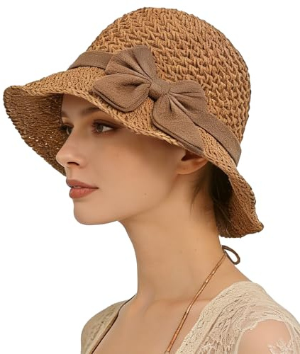 TINAYAUE Chapeau de Paille Pliable Femme, Anti-UV UPF Casquette de Soleil Respirante, Capeline Panama pour Plage, Voyage, Randonnée
