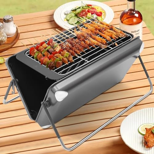 Barbecue de camping portable 2 en 1 en acier avec grille de cuisson, barbecue au charbon de bois pliable autonome avec réservoir à charbon et valve à gaz, barbecue de camping, réchaud de camping pour